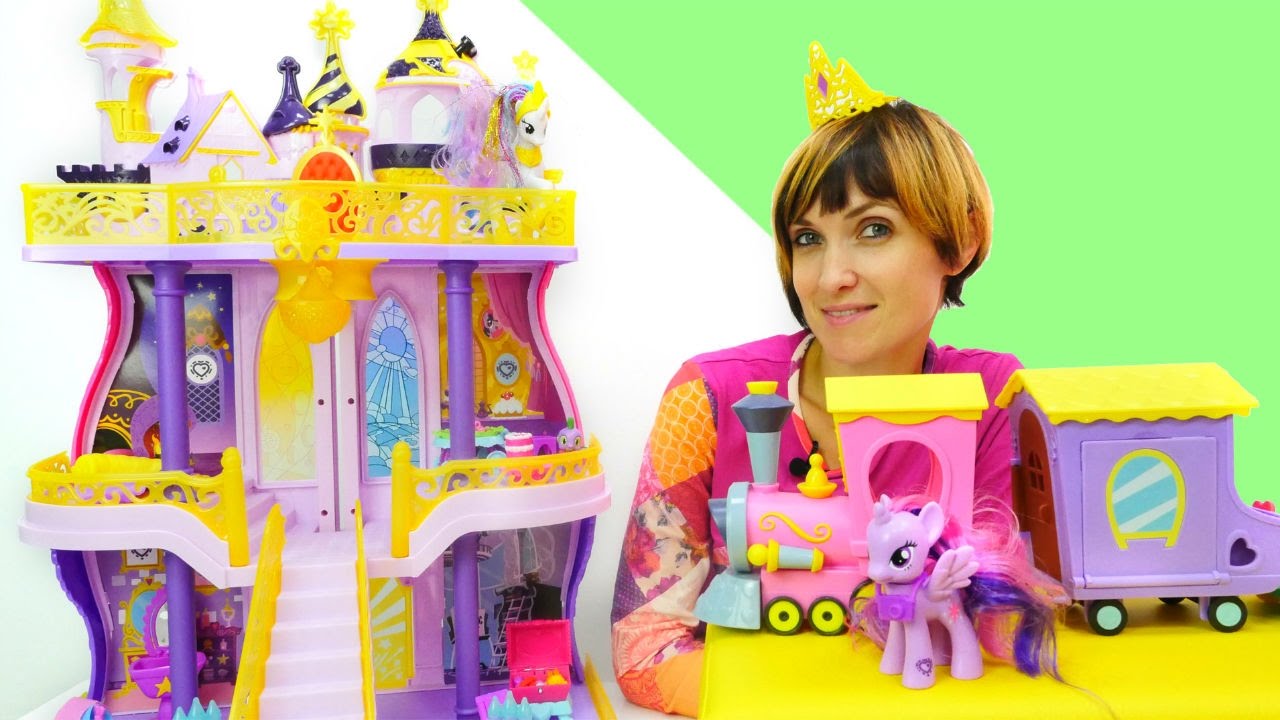 LitlPoni-i-Masha-igry-Ekvestriya-Multik-iz-igrushek-SELESTIYA-i-zamok-printsessy