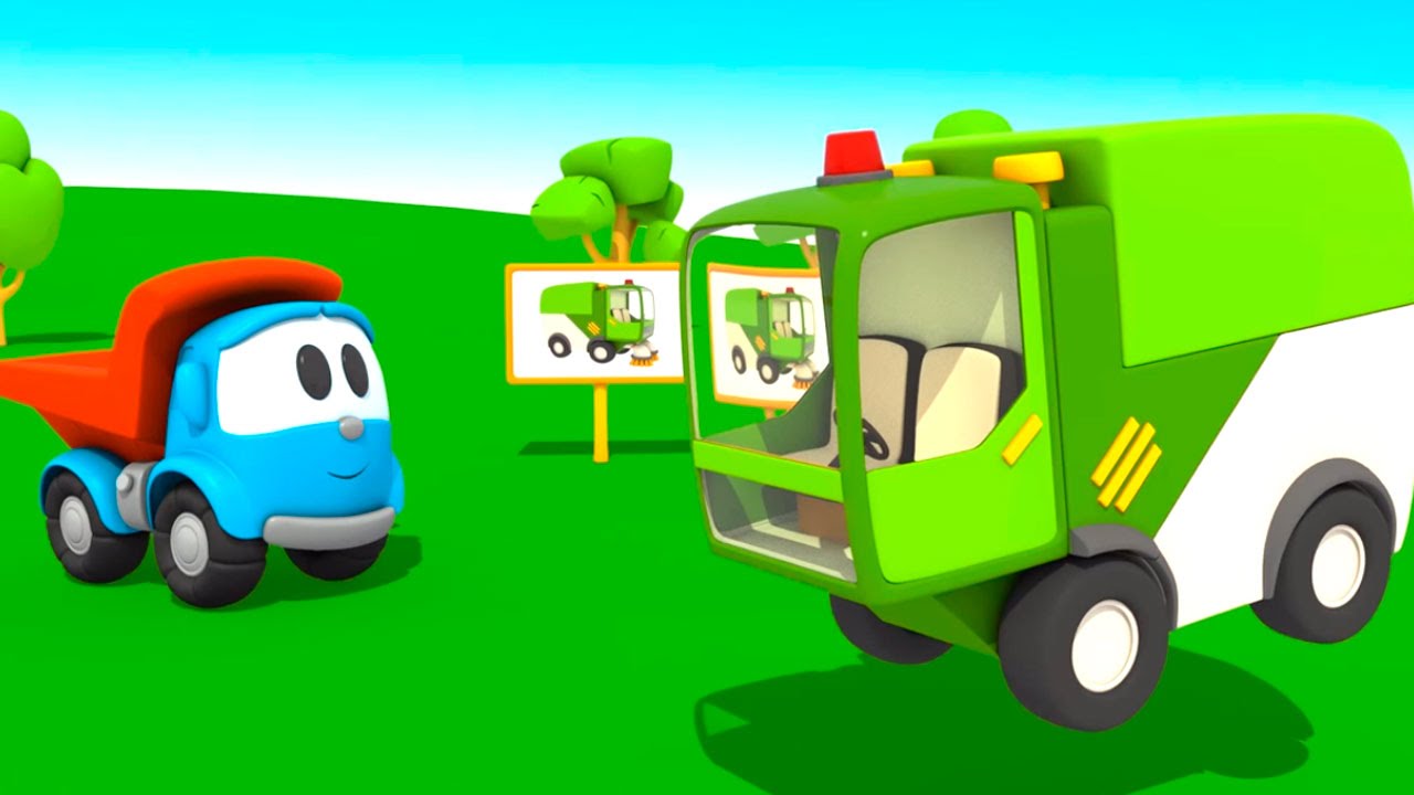 3D-multik-pro-mashinki.-Gruzovichok-Leva-Malysh-i-Uborochnaya-mashina.-Multfilm-konstruktor