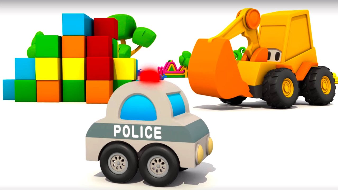 Multfilmy-3d.-Ekskavator-Masya-i-Politsejskaya-mashina.-Multik-konstruktor