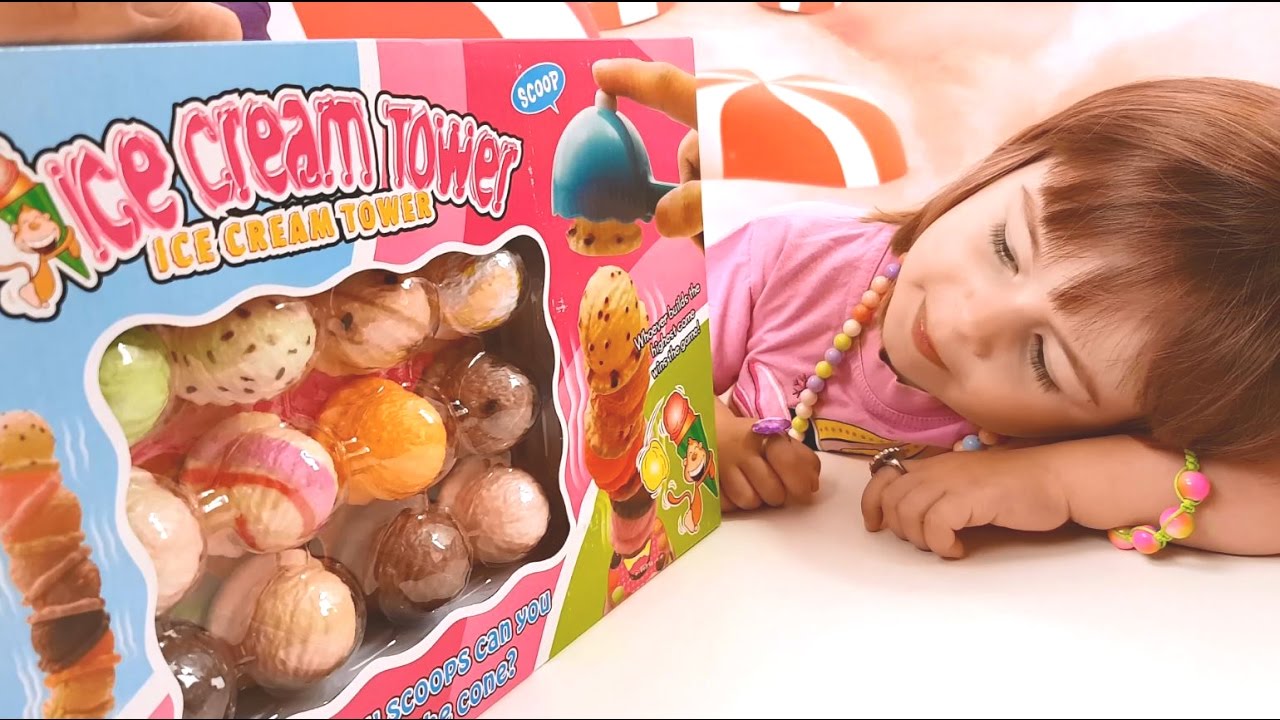 Bashnya-iz-morozhenogo-CHellendzh.-Igry-dlya-detej.-Anya-Nastya-i-Mini-Maus-delayut-bashnyu-iz-morozhenogo