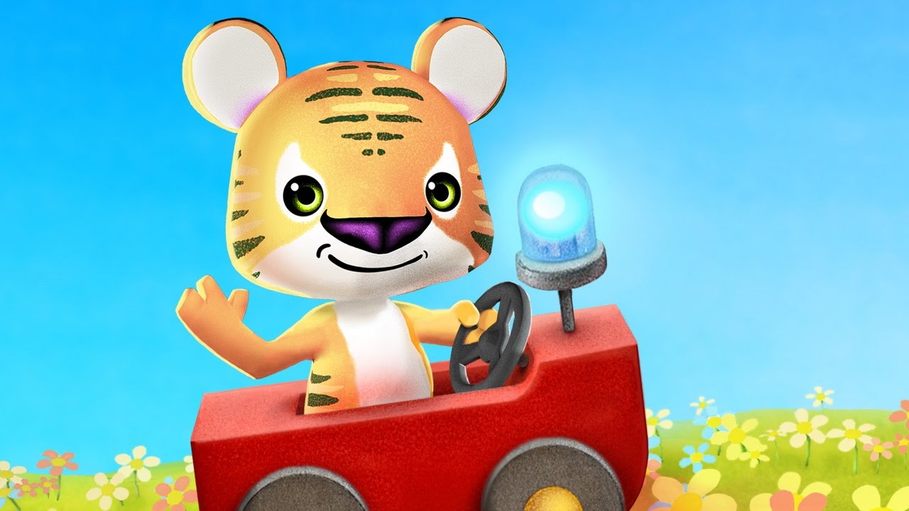 Malysh-Tigr-i-Slonik-edut-na-Pozharnoj-Mashinke-Igrovoj-Multik-dlya-malyshej.-Nosiki-Kurnosiki