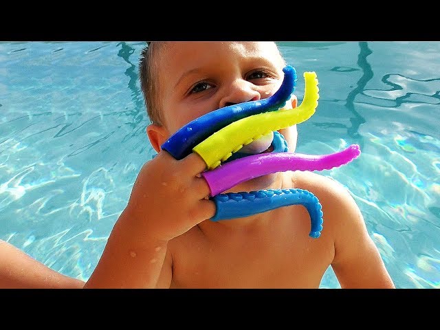 Little-Babies-Playing-in-Pool-with-Octopus-Toy-Family-fun-Games-for-kids-baby-songs-nursery-rhymes