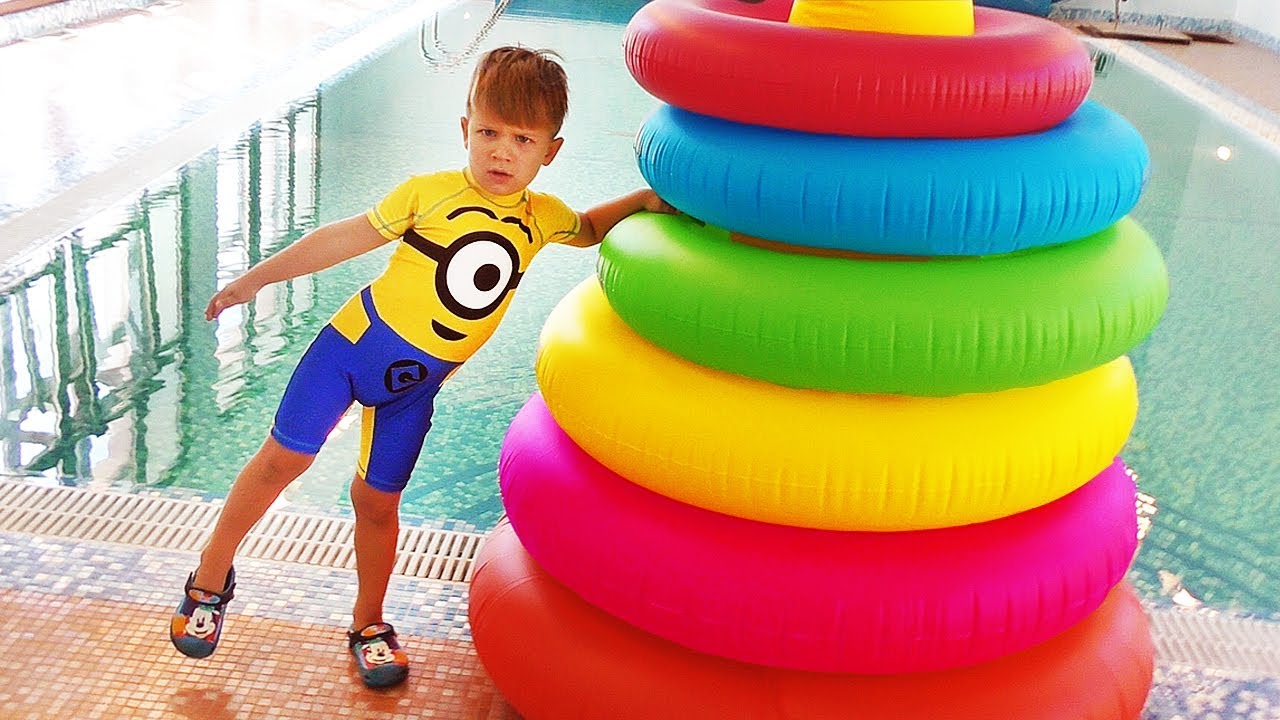 Bad-kid-Steals-Stacking-Ring-Toy-in-Pool-Learn-colors-with-Baby-Songs-nursery-rhyme-for-kids-song