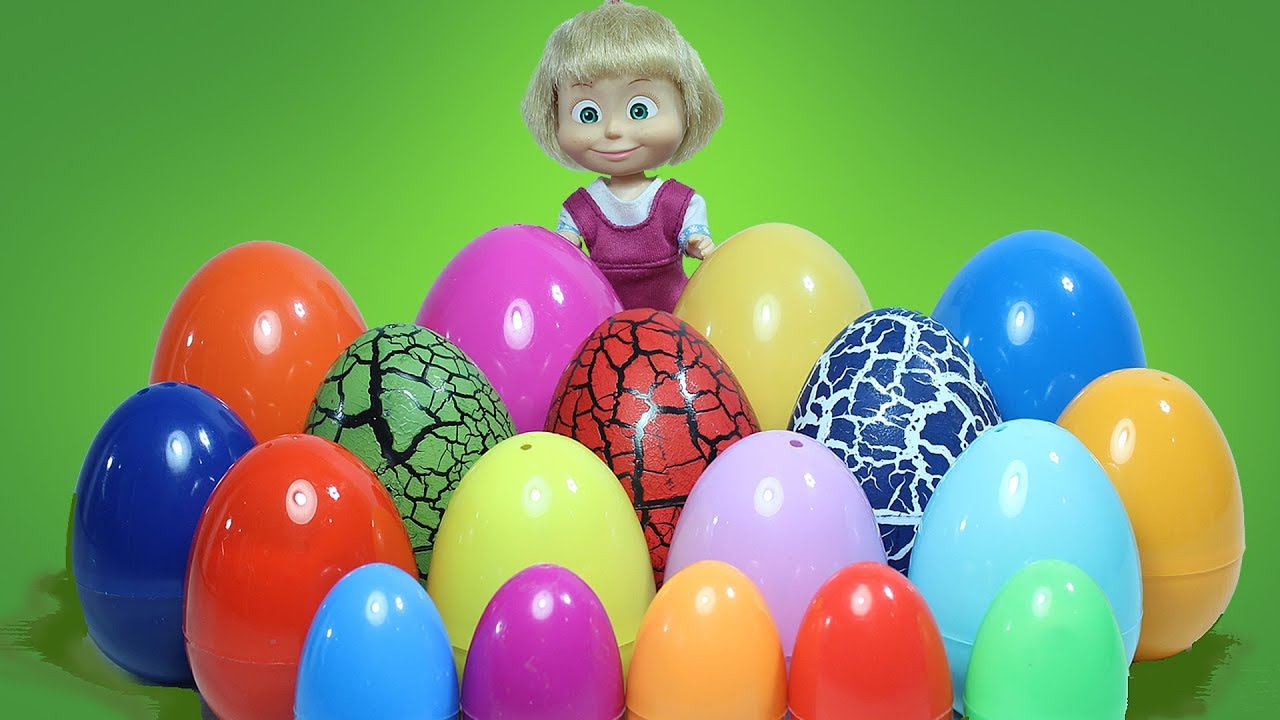 Masha-i-SYURPRIZY-Igrushki-SHHenyachij-Patrul-Masha-i-Medved-Fiksiki-UCHIM-TSVETA-s-tsvetnymi-yajtsami