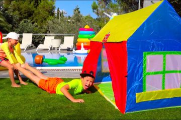 Katya-i-Maks-NE-PODELILI-EDU-Kto-Vo-VSEM-VINOVAT-Kids-have-fun-with-childrens-play-tent-near-pool