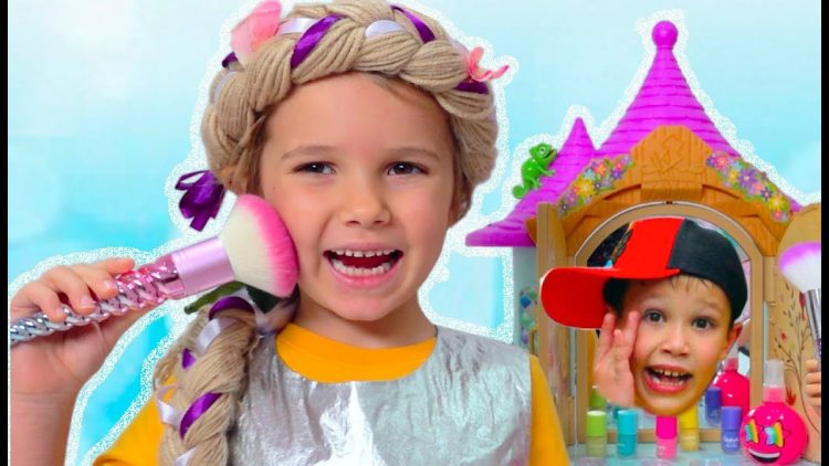 Make-up-dlya-printsessy-i-ee-loshadi-Kids-pretend-play-with-Rapunzel-doll-and-ride-on-toy-horse